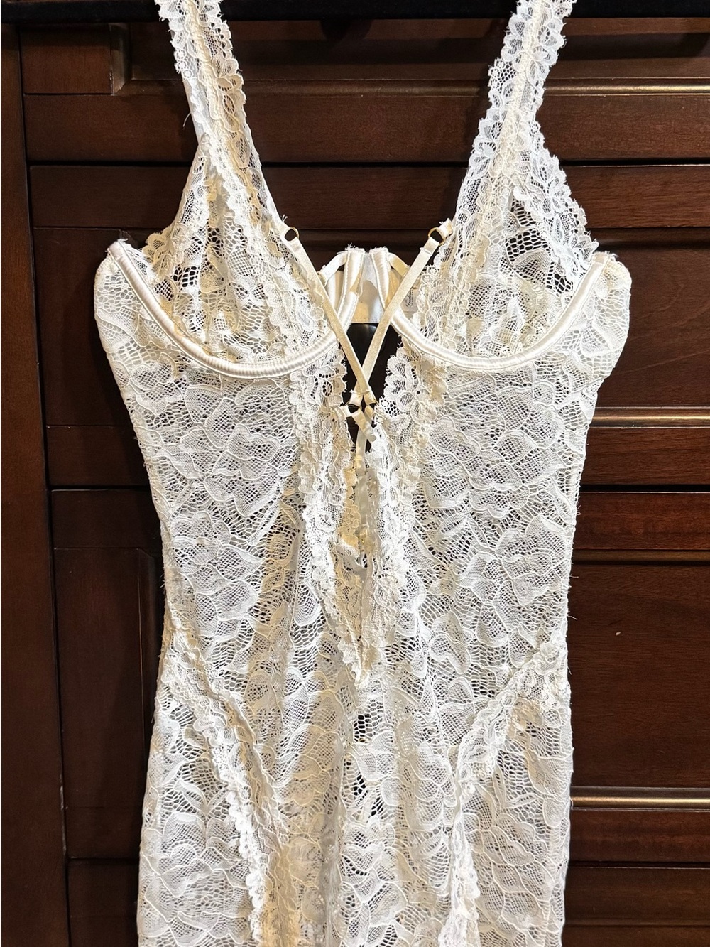 Frederick's of Hollywood Ivory Lace Chemise with Crisscross Back